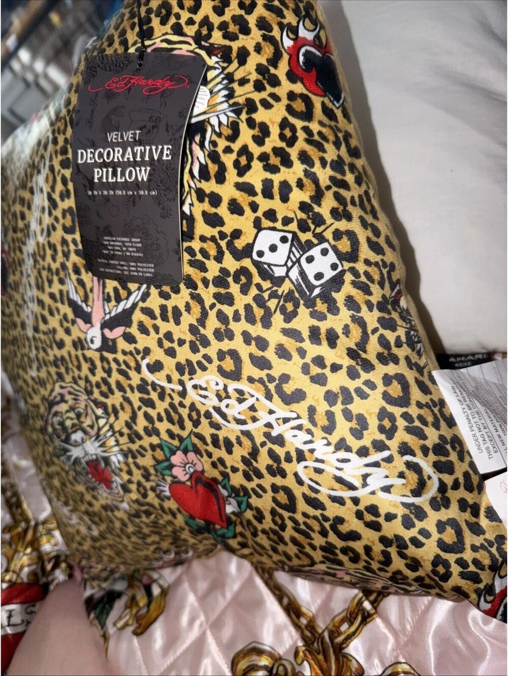 Ed Hardy Y2K Leopard Print Decorative Pillow Tattoo Icons Tiger Hearts Dice~NWT